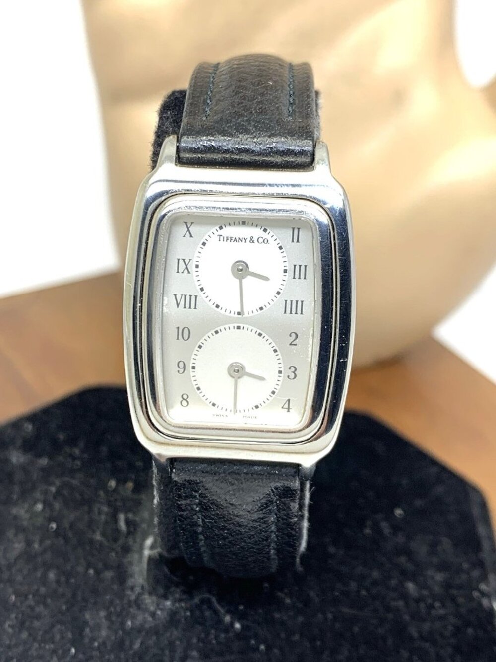 Tiffany & Co. Women's Watch L201 Dual Time Swiss Quartz Black Leather Strap 22mm